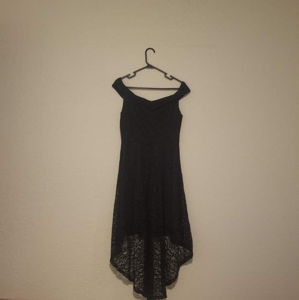 High low, off the shoulder, lacy dress, black color